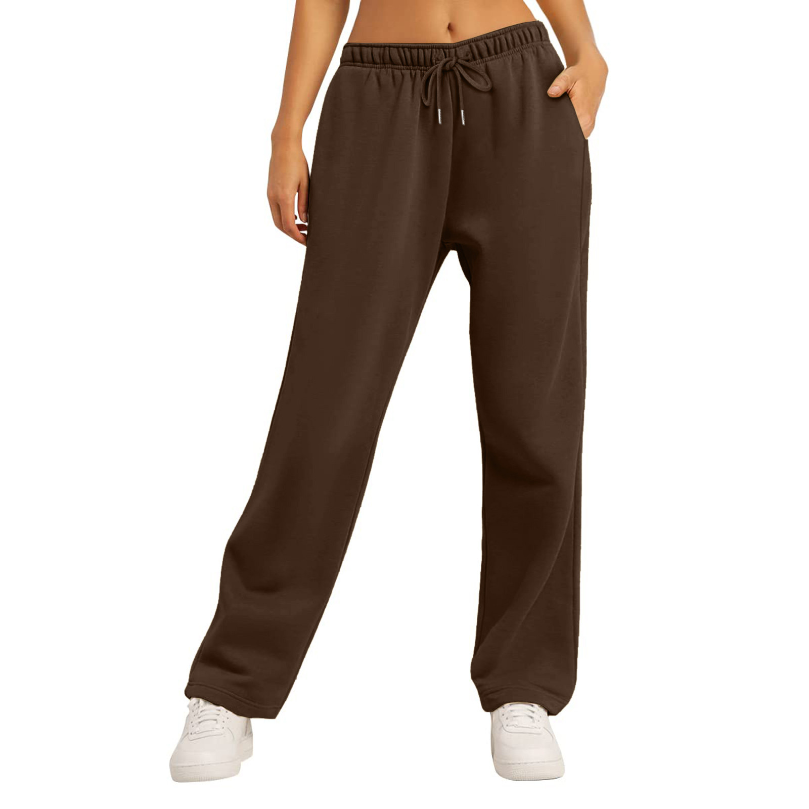 thumbnail image 2 of Pantalones de chándal de cintura alta para mujer - Forro polar, pierna ancha y recta - Poliéster ligero con bolsillos - Informal/deportivo/vacaciones - Tallas S-XXXL, 2 of 7
